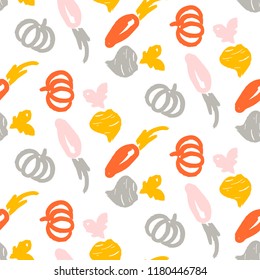 Vegetable Seamless Vector Pattern Hand Drawn Sketch Style. Pastel Pink And Yellow Colors For Textile Print And Screen Printing.