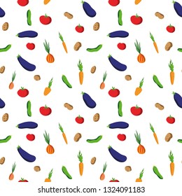 Vegetable seamless vector pattern. Hand drawn illustration with onion, potato, carrot, tomato, cucumber, eggplant. 