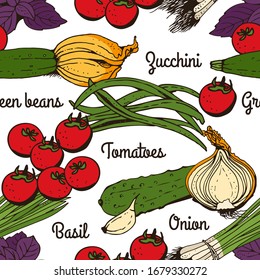 Vegetable seamless vector pattern, hand drawn vegetables (zucchini, tomato, cucumber, basil, green beans, onion, garlic, spices) isolated on white background