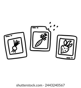 Vegetable seed packets. Carrot, beet and onion. Spring gardening season. Black and white vector isolated illustration hand drawn doodle. Sowing seeds for harvest. Clip art