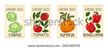 Vegetable seeds packages vector set. Pack of cabbage, tomato, pumpkin, red bell pepper seeds. Package design for gardening farming agriculture