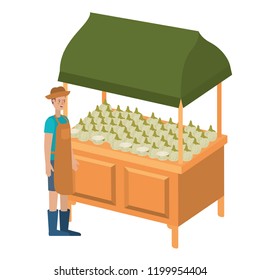 vegetable seller man with kiosk isolated icon