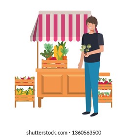 vegetable seller man with kiosk isolated icon