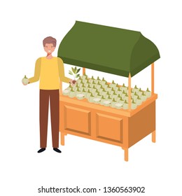 vegetable seller man with kiosk isolated icon