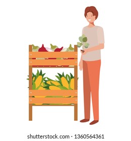 vegetable seller man with kiosk isolated icon