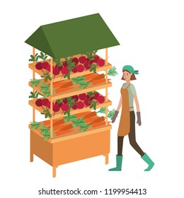 vegetable seller woman with kiosk isolated icon