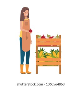 vegetable seller woman with kiosk isolated icon