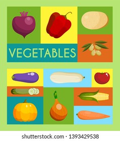 Vegetable set of banners vector illustration. Farm market. Vegetarian, natural and organic products. Healthy lifestyle with fresh food. Includes pepper, tomato, potato, carrot.