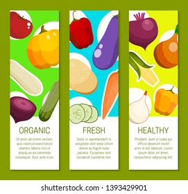 Vegetable set of banners vector illustration. Farm market. Vegetarian, natural and organic products. Healthy lifestyle with fresh food. Includes pepper, tomato, potato, carrot.
