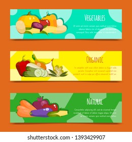 Vegetable set of banners vector illustration. Farm market. Vegetarian, natural and organic products. Healthy lifestyle with fresh food. Includes pepper, tomato, potato, carrot.