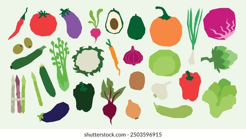 Conjunto de vegetales: repollo, tomate, aguacate, zanahorias, pimienta, cebolla. Verduras vegetarianas productos de la granja del conjunto de Ilustración vectorial de jardín