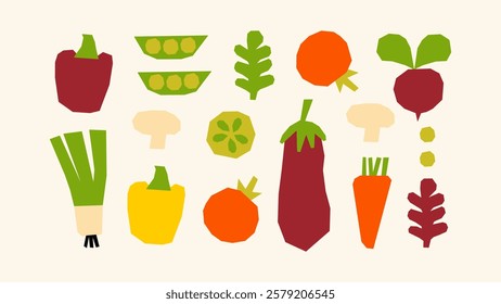 Vegetable set- cabbage, tomato, avocado, rs, celery, carrots, pepper. Vegetarian farm products from the garden hand-drawn in flat and naive style.