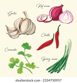 Vegetable set, Chilli , Garlic, Red Onion, Sping Onion, Coriander