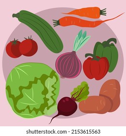 Vegetable set for cooks. Assorted food for cooking. Cabbage, zucchini, beets, carrots, potatoes, tomatoes and onions