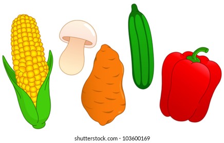 Vegetable set: corn, mushroom, sweet potato, cucumber and pepper