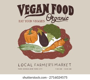 Diseño de conjunto de vegetales. Berenjena, brócoli, maíz, tomate, pepino, guisantes de zanahoria. Comida vegana orgánica. Obras de arte del mercado local de verduras para impresión de camisetas, póster, pegatina y otros usos. Comida vegana fresca.