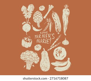 Diseño de conjunto de vegetales. Comida vegana fresca. Club del amor vegetal. Obras de arte del mercado local de verduras para impresión de camisetas, póster, pegatina y otros usos.