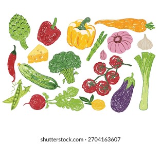 Projeto de conjunto vegetal. Arte do mercado vegetal local para impressão de camisetas, cartaz, adesivo e outros usos. Comida vegana fresca. Clube do amor vegetal. Exploração vegetal biológica.