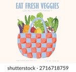 Vegetable set design. Organic vegetable bag. Fresh vegan food. Vegetable love club. Local vegetable market artwork for t shirt print, poster, sticker and other uses.