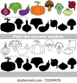 Vegetable Set with different shadows to find the correct one, compare and connect object with it true shadow, the educational kid game with simple gaming level.