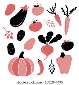 Vegetable set. Doodle vegie clip art Scandinavian style. Pumpkin, bell pepper, beat, carrots, potatoes, tomatoes, herbs. 