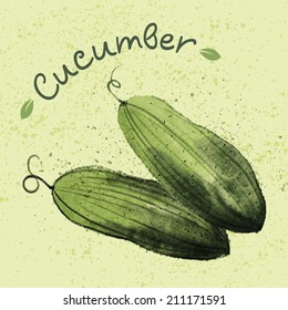 Vegetable set drawn watercolor with spray, stains and blots: cucumber