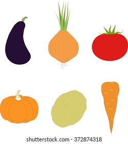 The vegetable set. Eggplant, pumpkin, carrot, onion, potato, tomato on a white background, hand drawing. Healthy eating, organic, packaging design, product packaging, design elements, clip art, vector