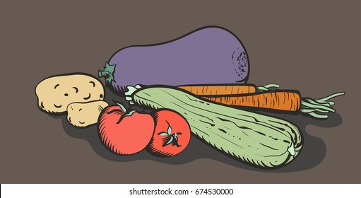 Vegetable set in engraving style