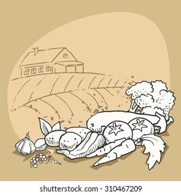 Vegetable set, with farm house in the background, vector illustration