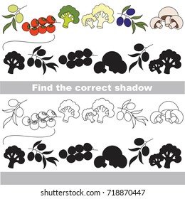 Vegetable set to find the correct shadow, the matching educational kid game to compare and connect objects and their true shadows, simple gaming level for preschool kids.