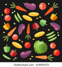 Vegetable set. Fresh Tomato, Carrot, Cabbage, Corn, Eggplant, Pepper vector illustration. Healthy food pattern.