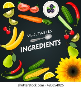 Vegetable set. Healthy fruit background, Vegetables ingredients. Realistic vector illustration of   banana, carrot, pepper, corn, sunflower,lemon, tomato, berries, cucumber 