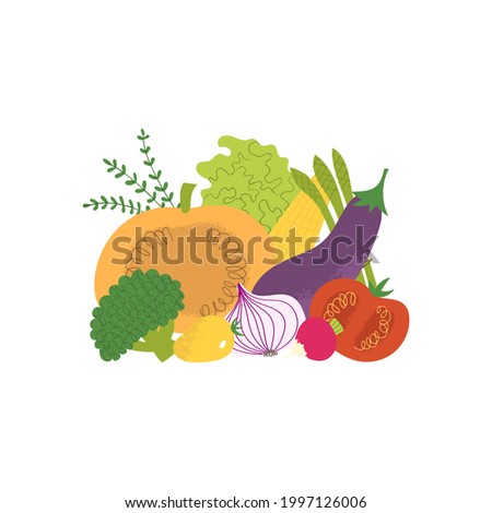 Vegetable set for healthy vegan eating. Flat hand drawn textured pumpkin, eggplant, onion, tomato. Plant based diet food collection. 
