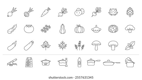 Vegetable set and kitchenware - different roots, vegetables and herbs and kitchenware for preparing food - saucepan, grater, pan, frying pan, knife. Linear illustrations, editable strokes