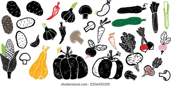 Vegetable set in linocut style, doodle. Graphic arts. Vector element for design, set, collection.