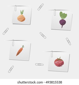 Vegetable set on the stickers. Sticky labels with onion, tomato, carrot and beet. Fresh garden plants. Harvest of veggies.
