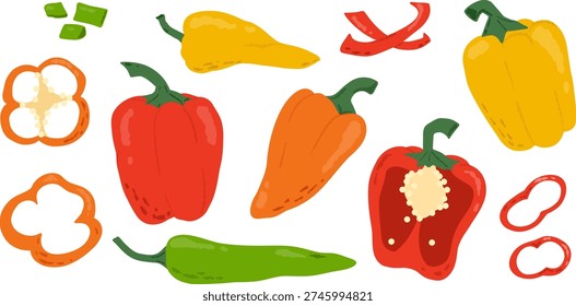 Vegetable set with red and yellow bell peppers, chili pepper, carrot, cucumber, pepper slices and halves, fresh flat vector style on white background. For menus and food labels.