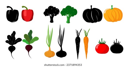 Vegetable Set. Silhouette in black and colored in flat style. Carrot, broccoli, pumpkin, pepper, tomato, onion, beet.   