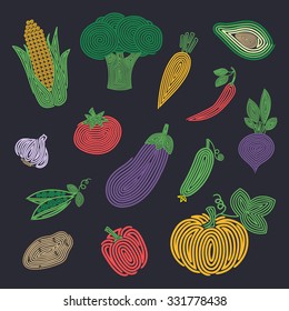 Vegetable set. Spiral harvest on the black background. Vector illustration