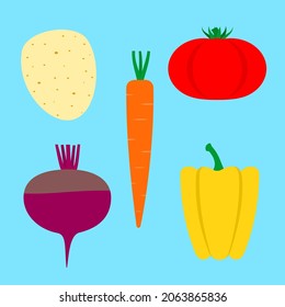 Vegetable set. Tomato, carrot, potato, beetroot and pepper on blue background. Vegetarian food. Vector image.