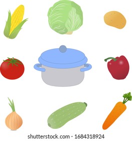 Vegetable set of tomato, zucchini, onion, carrot, corn, pepper, potatoe, cabbage located around the pan. Vector illustration of vegetables for design.