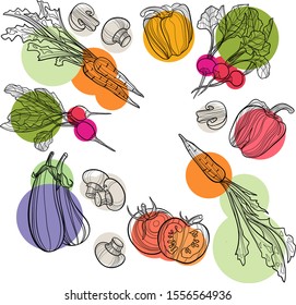 Vegetable set in vector. Harvest and Thanksgiving fruit of nature, food collection for restaurants, menus, posters and grocery bags: bell pepper, eggplant, radish, mushroom, carrot. Graphics and color