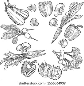 Vegetable set in vector. Harvest and Thanksgiving fruit of nature, food collection for restaurants, menus, posters and grocery bags: bell pepper, eggplant, radish, mushroom, carrot in black graphics