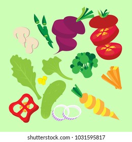 Vegetable set. Vector illustration. Cut Sliced and chopped various vegetables.