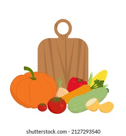 Conjunto de verduras. Ilustración vectorial de alimentos saludables para el diseño. Tomate, zucchini, cebolla, zanahoria, maíz, pimienta, papa, calabaza delante de la tabla de despiece.
