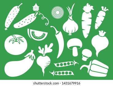 Vegetable set, white silhouettes on green background. Vector illustration