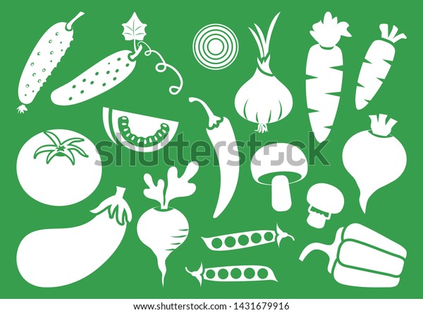 Vegetable set, white silhouettes on green background.