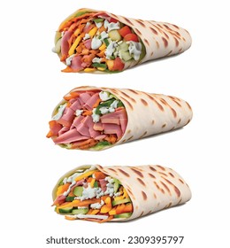 Vegetable shawarma menu with cucumber, darblue cheese and ham realistic 3d vector graphic for fast food.

