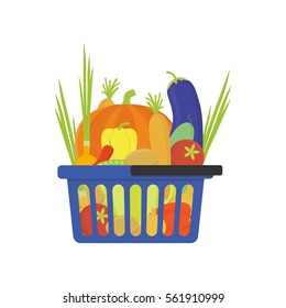 Vegetable shop basket flat style vector illustration.