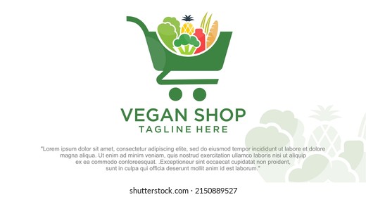 Vegetable shop combination vegan and trolley logo template